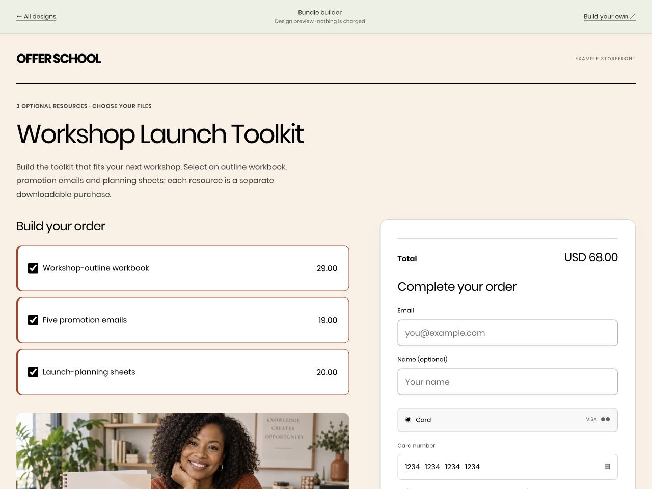 OFFER SCHOOL: Workshop Launch Toolkit, US$68, in the Bundle builder layout