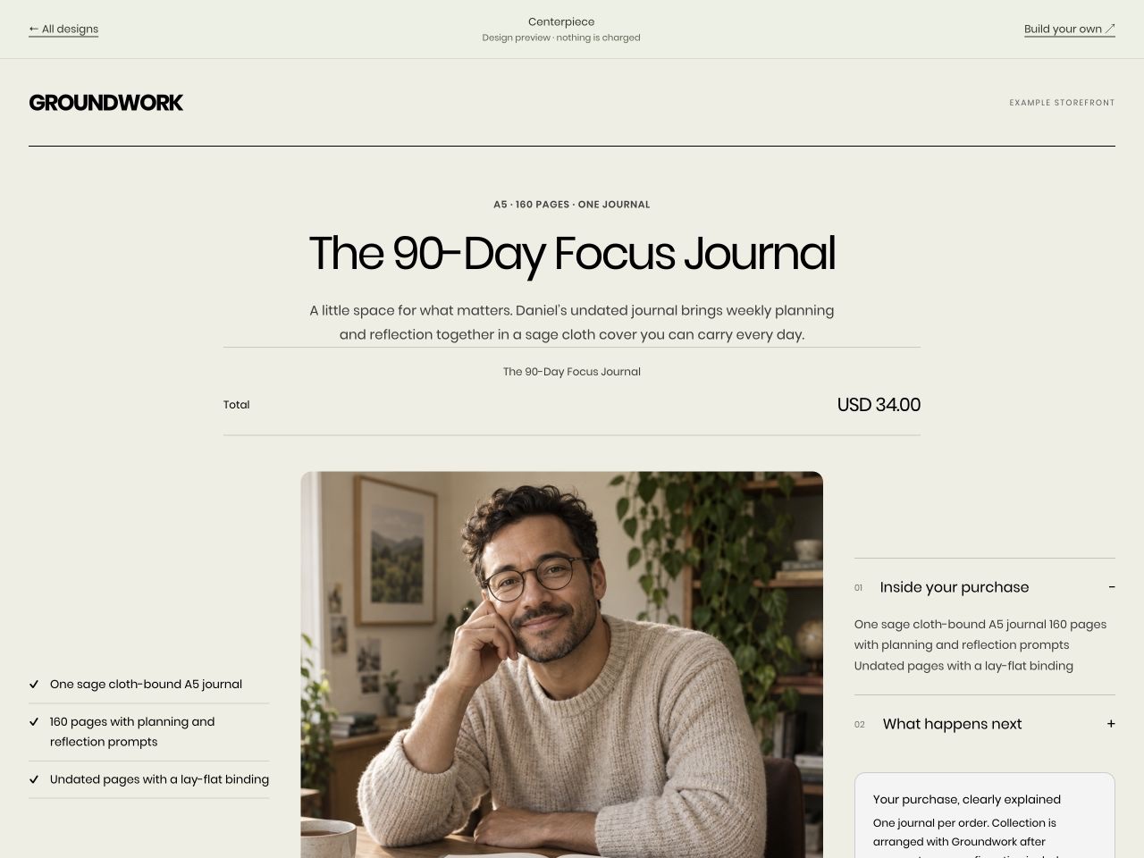 GROUNDWORK: The 90-Day Focus Journal, US$34, in the Centerpiece layout