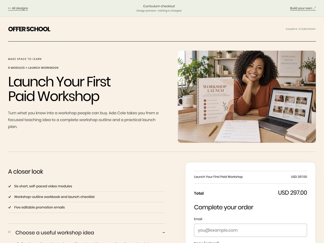 OFFER SCHOOL: Launch Your First Paid Workshop, US$297, in the Curriculum checkout layout