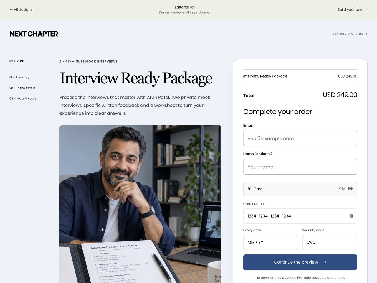 NEXT CHAPTER: Interview Ready Package, US$249, in the Editorial rail layout