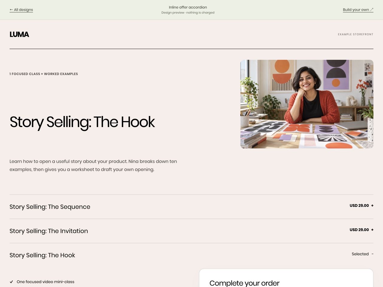 LUMA: Story Selling: The Hook, US$29, in the Inline offer accordion layout