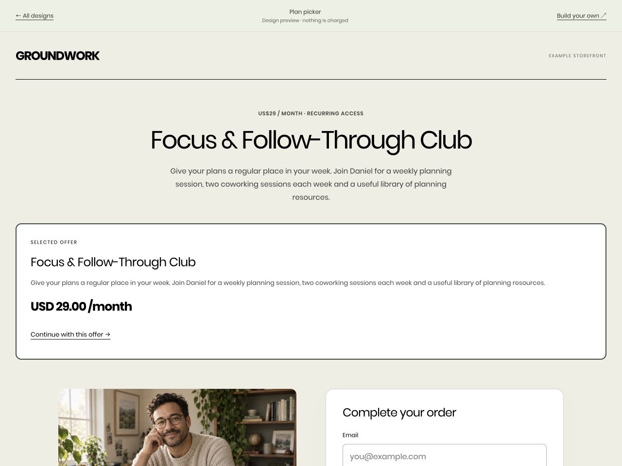 GROUNDWORK: Focus & Follow-Through Club, US$29/month, in the Plan picker layout