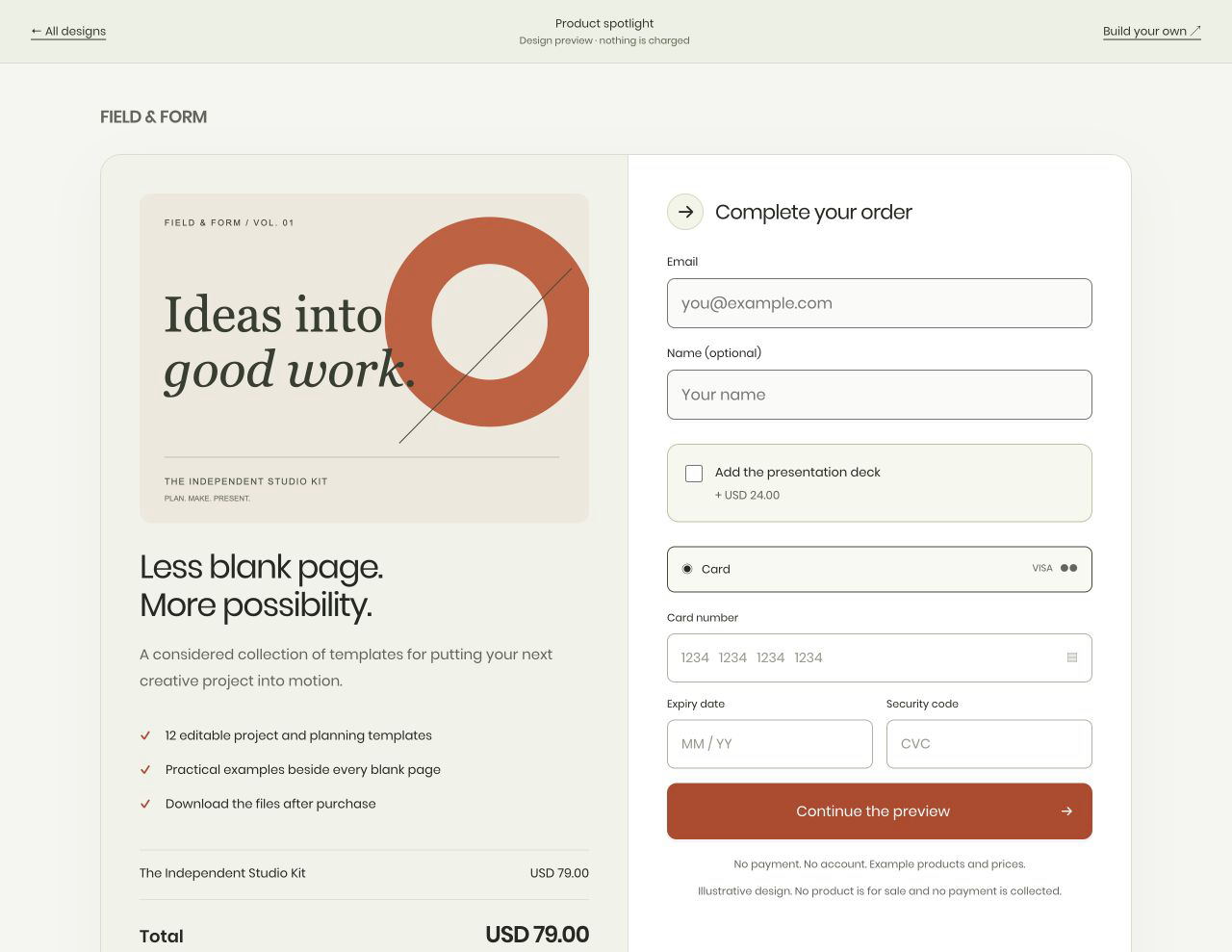 Redesigned Standard checkout with product story on the left and payment details on the right
