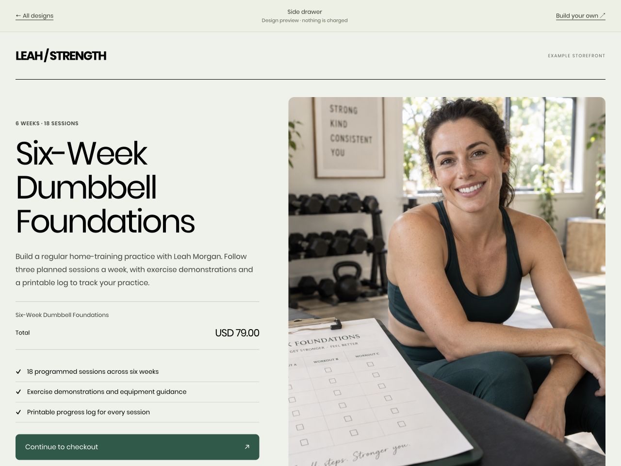LEAH / STRENGTH: Six-Week Dumbbell Foundations, US$79, in the Side drawer layout